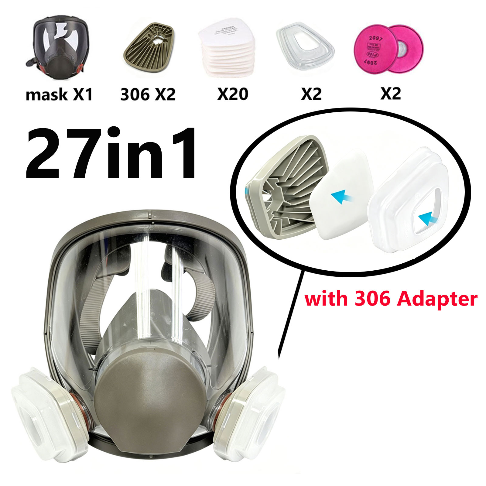 Woodworking Respirator - 6800 Vollgesichtsmaske mit 306 Filteradapter, Verbessertes